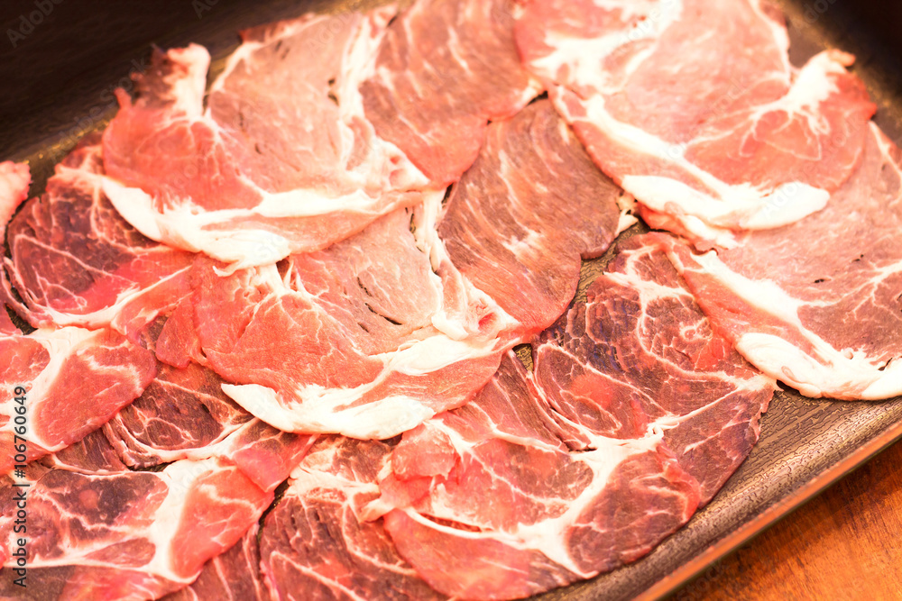 Shabu-Shabu. Close-up slice fresh meat on dish. Shabu-Shabu. Close-up slice fresh meat on dish.