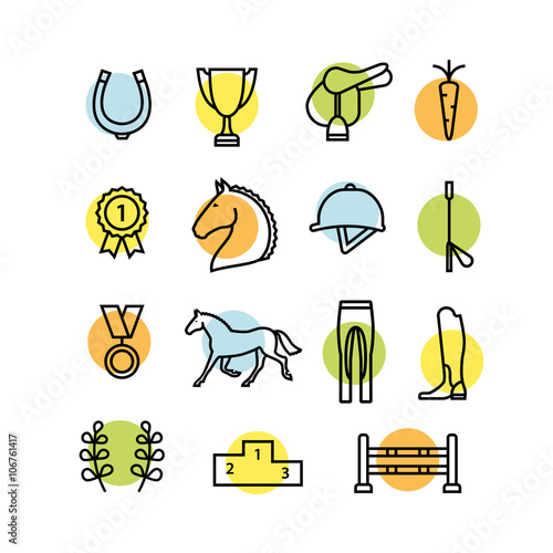 Horse equipment icon set color thin line
