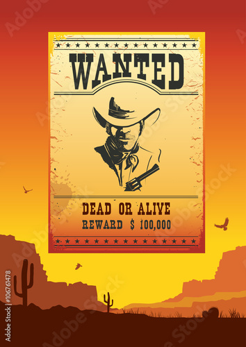 Wanted poster on Wild west american desert landscape
