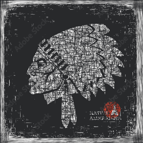 North american indian man .Vector card on old paper