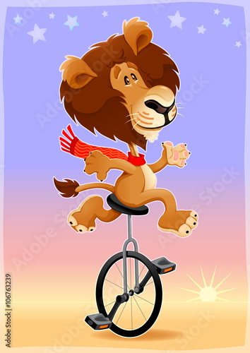 Fototapeta Naklejka Na Ścianę i Meble -  Funny lion on a monocycle