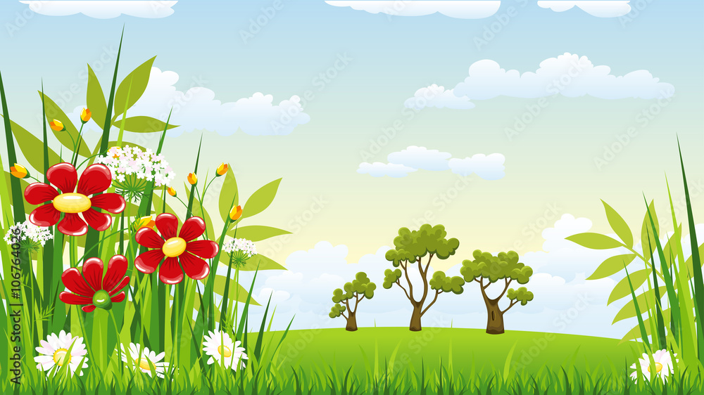 Fototapeta premium Illustration of a landscape with flowers
