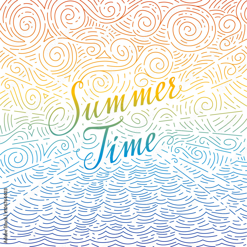 Summertime. Handwritten phrase on an abstract background of sea and sky. Colorful doodles Summertime. Handwritten phrase on an abstract background of sea and sky. Colorful doodles
