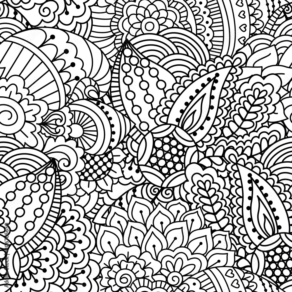 Black and white seamless pattern. Ethnic henna hand drawn background for coloring book, textile or wrapping. Black and white seamless pattern. Ethnic henna hand drawn background for coloring book, textile or wrapping.