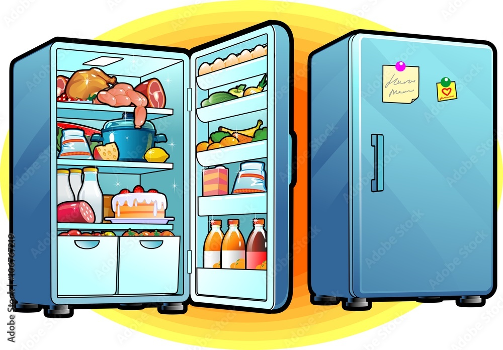 Refrigerator with Full Of Food. Closed and Opened. Cartoon style. Kitchen  concept. Vector Illustration Stock Vector | Adobe Stock