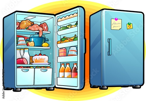 Refrigerator with Full Of Food. Closed and Opened. Cartoon style.  Kitchen concept. Vector Illustration