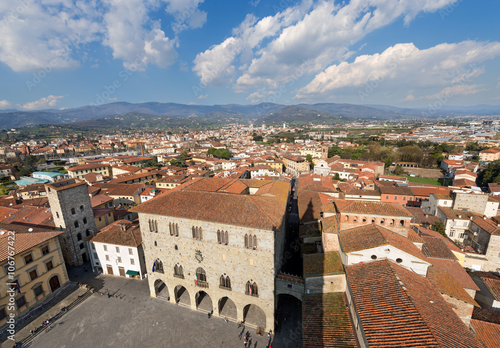 Aerial view of Pistoia Tuscany Italy / Cathedral square (Piazza Duomo) with the town hall. View from the cathedral bell tower. Pistoia, Tuscany, Italy