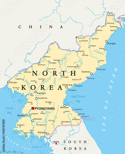 Fototapeta Naklejka Na Ścianę i Meble -  North Korea political map with capital Pyongyang, national borders, important cities, rivers and lakes. English labeling and scaling. Illustration.