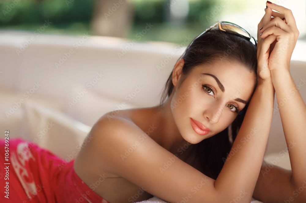 Sexy tanned girl bikini model at pool Sexy tanned girl bikini model at pool