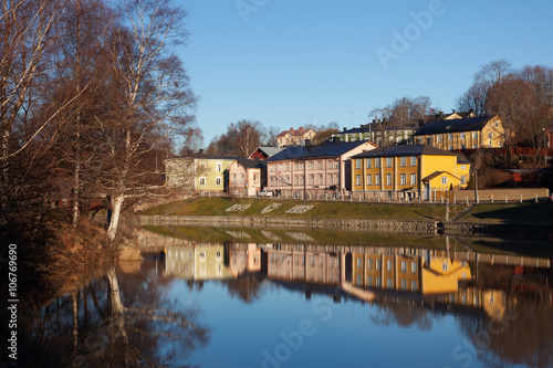 Porvoo, Finland. Classic old houses and their reflection in the river