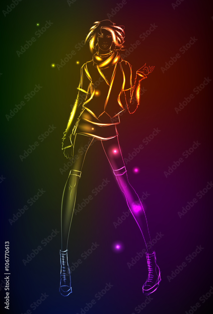 Hand-drawn fashion model from a neon. A light girl's Hand-drawn fashion model from a neon. A light girl's
