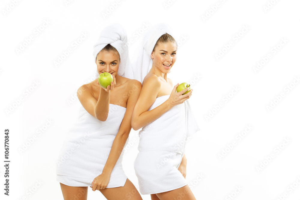 Two happy teen girl after shower Two happy teen girl after shower