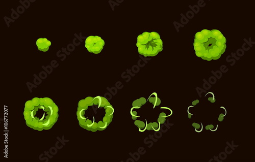 Sprite sheet for cartoon acid toxic explosion, mobile, flash game effect animation. 8 frames on dark background