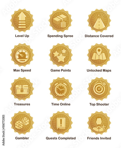 A set of glossy golden achievement winnwer badges to appreciate top players. For shooter, runner, arcade, social and other games.