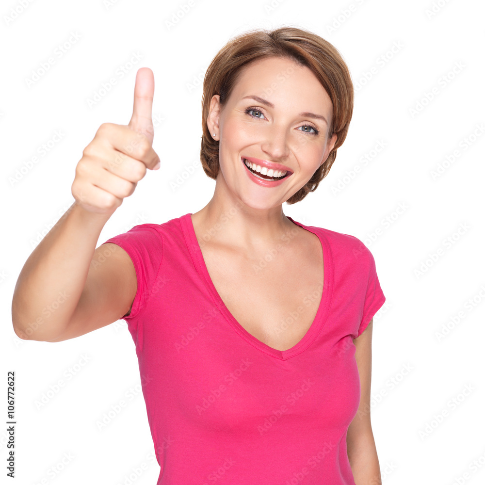 Portrait of a beautiful adult happy woman with thumbs up sign Portrait of a beautiful adult happy woman with thumbs up sign