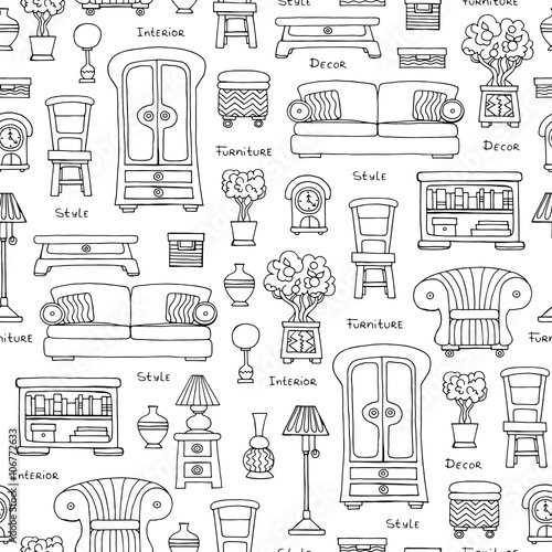 Vector seamless pattern with hand drawn furniture and decoration on white color