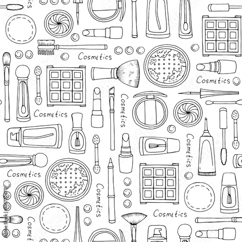 Vector seamless pattern with hand drawn isolated cosmetics for women on white color