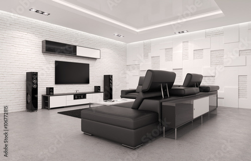 Konstfotografi Home Theater Interior with Billiard Table. 3d Illustration.