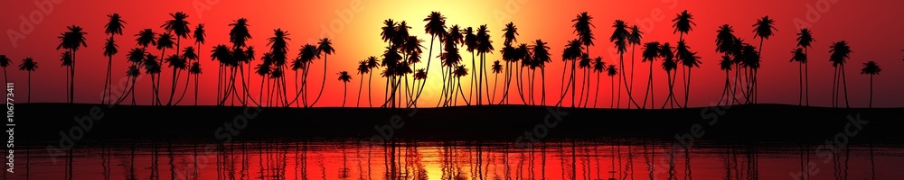 panorama of sea sunset over a tropical beach. light over palm 3D rendering, banner.
