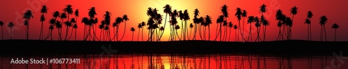 panorama of sea sunset over a tropical beach. light over palm 3D rendering, banner.