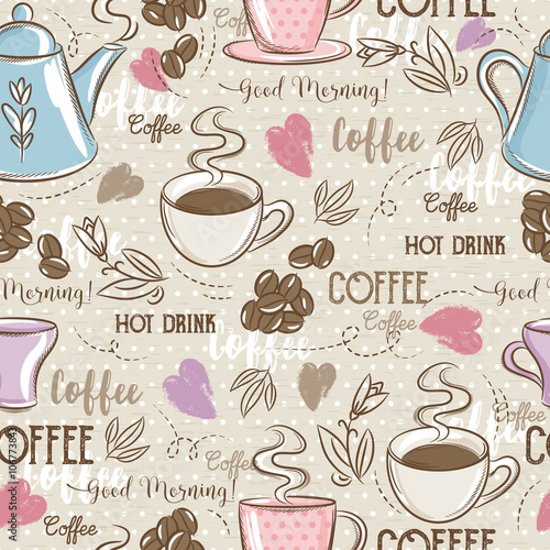 Beige seamless patterns with coffee set, heart, flower and text.