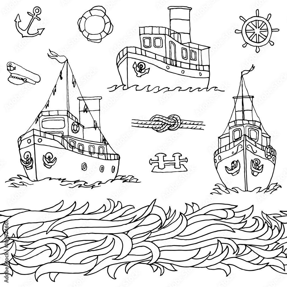 Vector set of nautical design elements, hand drawn with black pen. Small passenger ships (steamers), an anchor, a wheel, a lifebuoy, a captain peaked cap, a rope, waves, bollard.