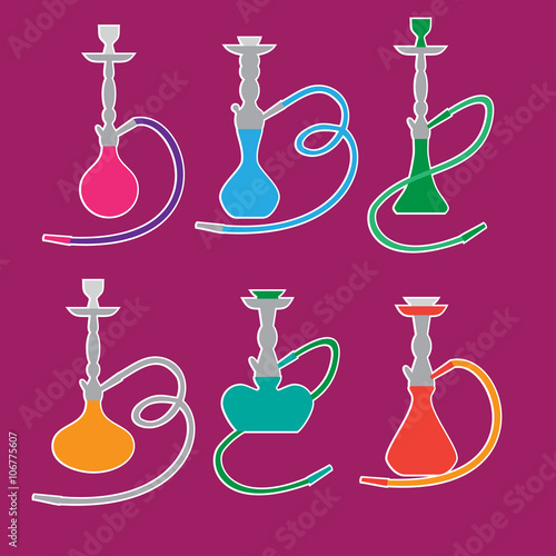 PrintHookah labels and smoke logo. Set of oriental nargile silhouettes. Isolated  traditional shishe