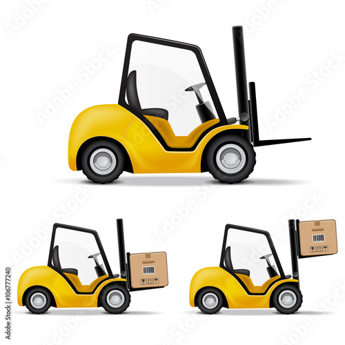 Forklift trucks set with paper boxes.