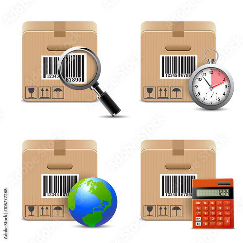 Shipment icons boxes with clock, planet, magnifying glass and calculator.