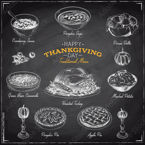 Vector hand drawn sketch Thanksgiving food set.