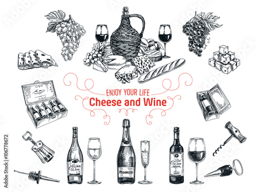 Vector set of vine and cheese elements. 