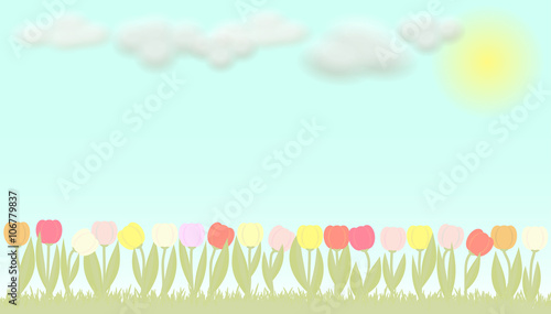 Vector tulips / Colorful bright vector flowers tulips and blue sky with clouds