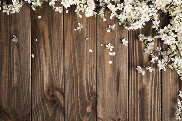 spring background. fruit flowers on wooden table
