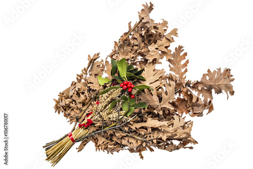 Badnjak - Yule-log, mistletoe, fir branches, wheat, Serbian Christmas photo