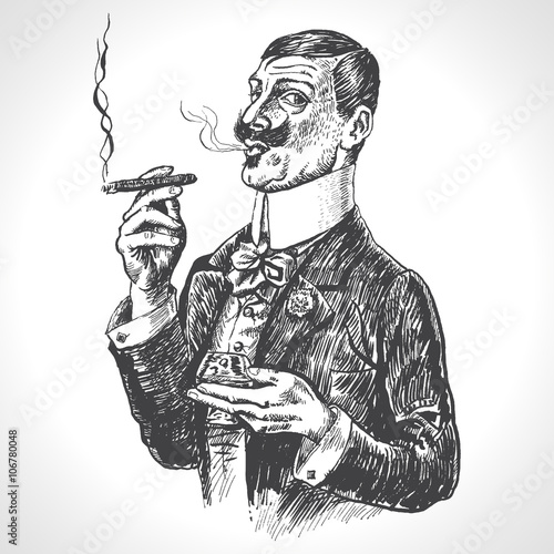 Elegant gentleman holding glass of beverage and cigar. Vintage vector engraving style. Victorian Era hand drawn illustration