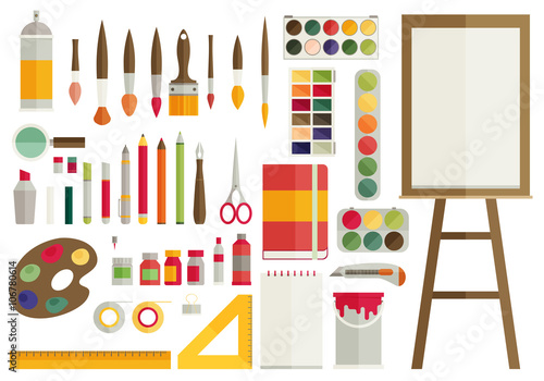  flat design vector illustration icons set of art supplies