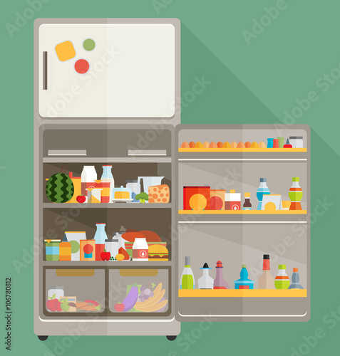 Vintage opened refrigerator - full of food