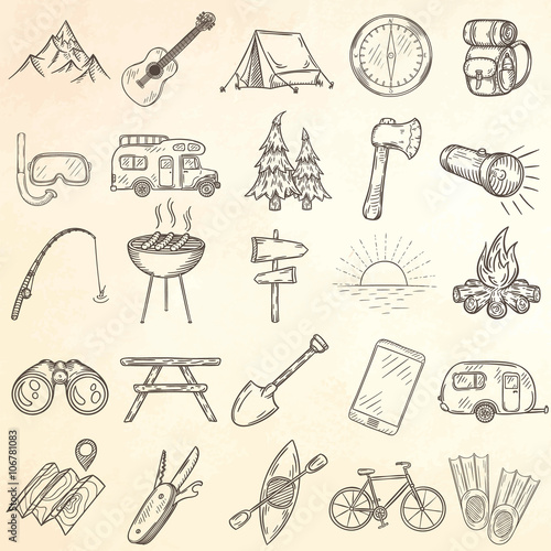 Set of hand drawn camping icons.