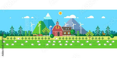 Farm life: natural economy, agriculture, life in the countryside, village landscapes with mountains and hills. Tractor in the field harvests. Sheep-farming. Vector flat illustration