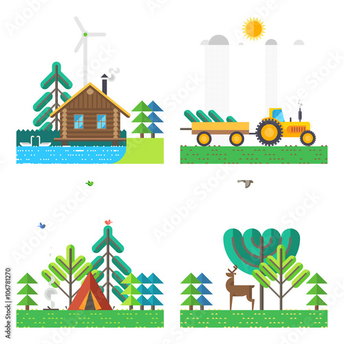 Set of 4 illustrations - House on the lake, Tractor carrying wood, Campground, Deer in the forest. Ecosystem, wildlife. House hunter. Flat design.