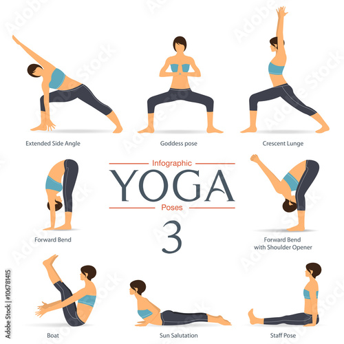 Set of yoga poses in flat design . Yoga infographics. Vector Illustration.
