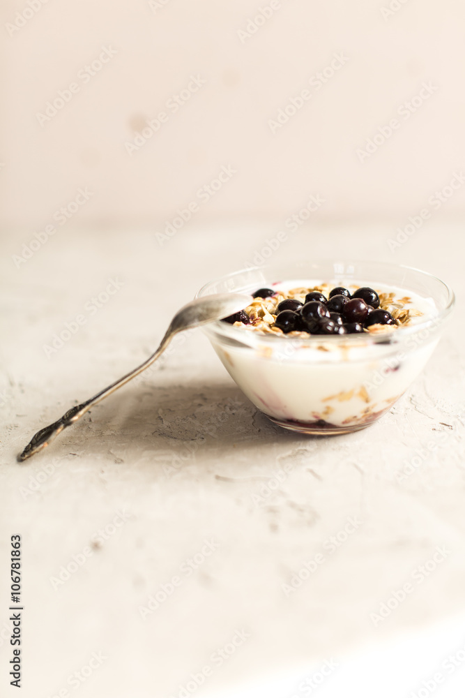 Glass 0f yogurt with muesli and black currants Glass 0f yogurt with muesli and black currants