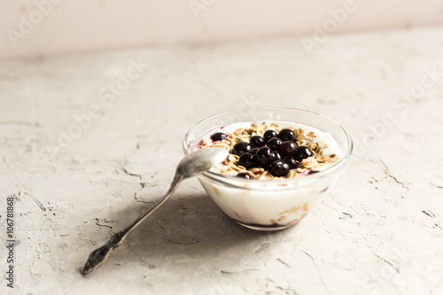 Glass 0f yogurt with muesli and black currants photo