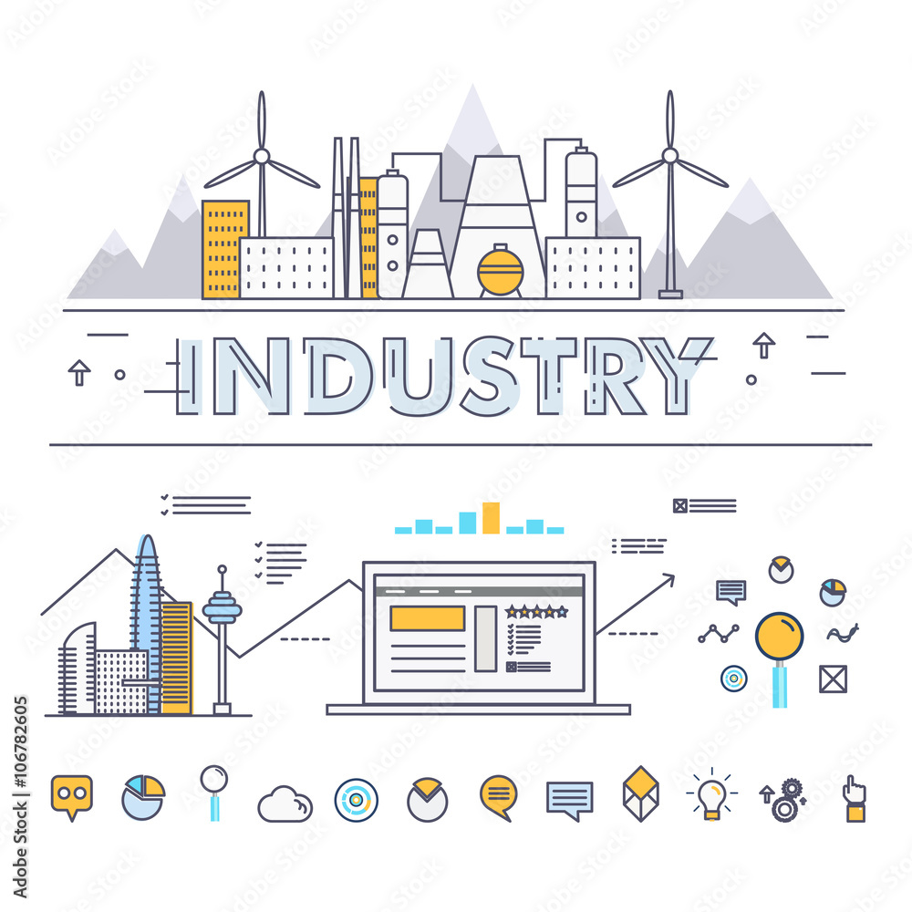 Modern industry thin block line flat icons and composition with computers element, trade mobile graphics, informations and development web strategy concept