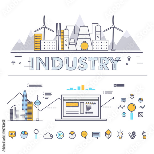 Obraz na płótnie Modern industry thin block line flat icons and composition with computers element, trade mobile graphics, informations and development web strategy concept w salonie