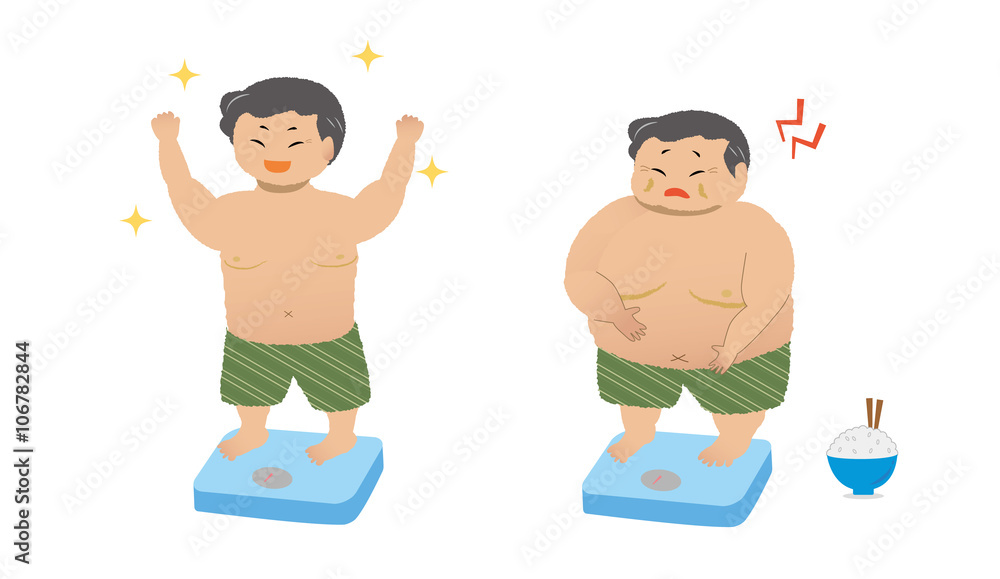 big fat middle age man on the weighing-machine.vector art set big fat middle age man on the weighing-machine.vector art set