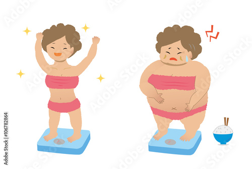 big fat middle age woman on the weighing-machine.vector art set