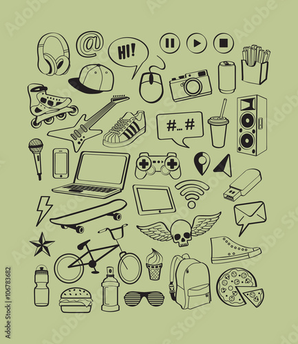 Set icons of dream and thought of teenage boy. Teenagers having fun.  Boy teens life. Doodles elements for design thinking idea with cool, sports, music, multimedia, delicious, shoes backgrounds.