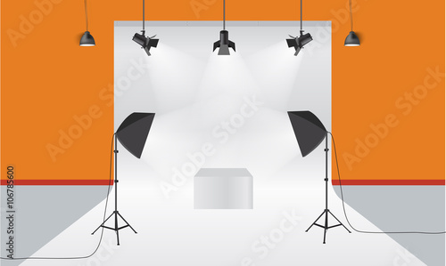 Photography studio with lighting equipment and backdrop vector. Display mockup