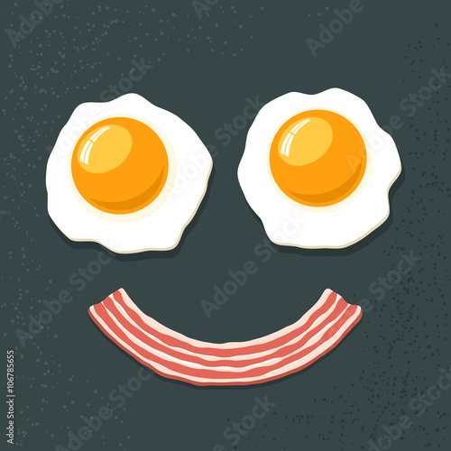 Smiling breakfast. Two fried eggs and bacon. Funny cartoon vecto